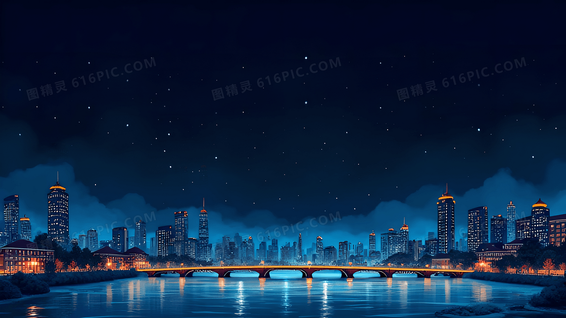 城市建筑和桥梁星空夜景背景