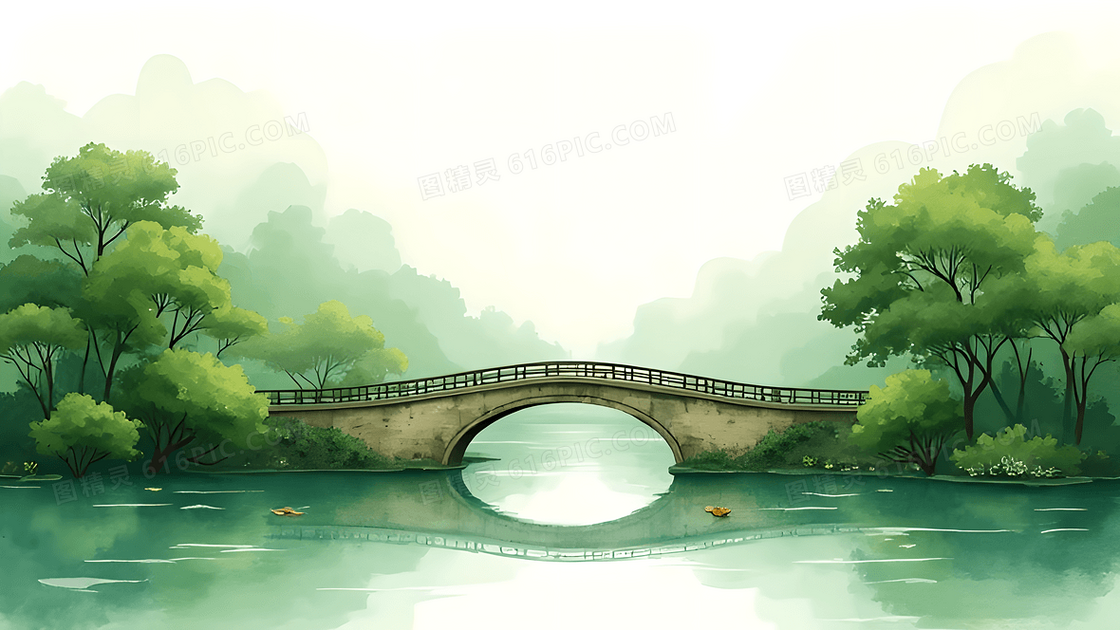 春天绿色调石桥和绿植背景