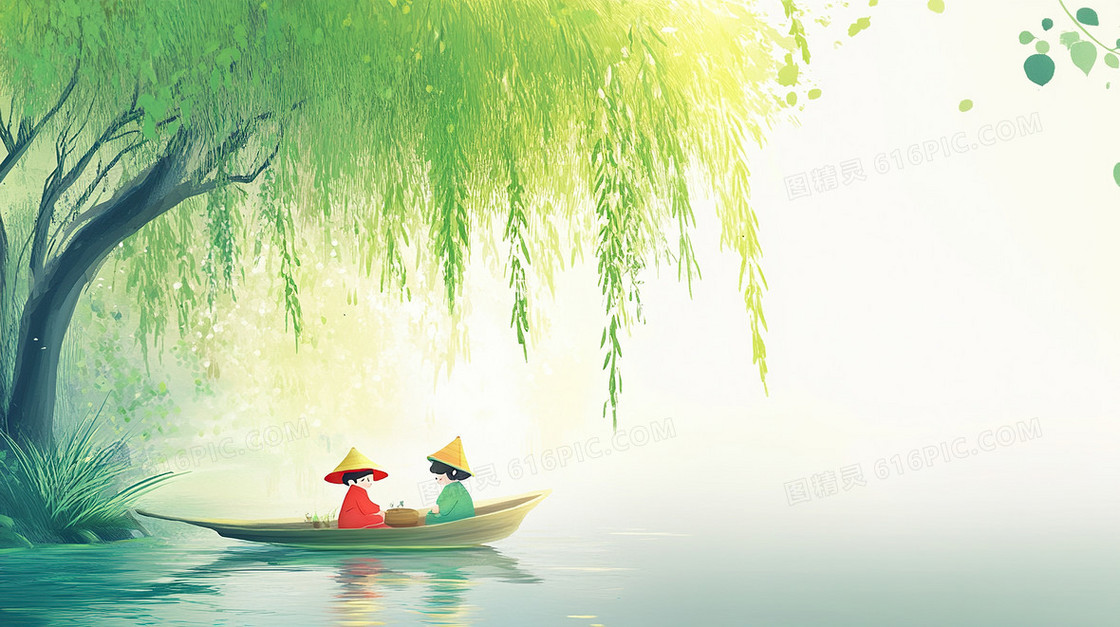春天乘船的人背景