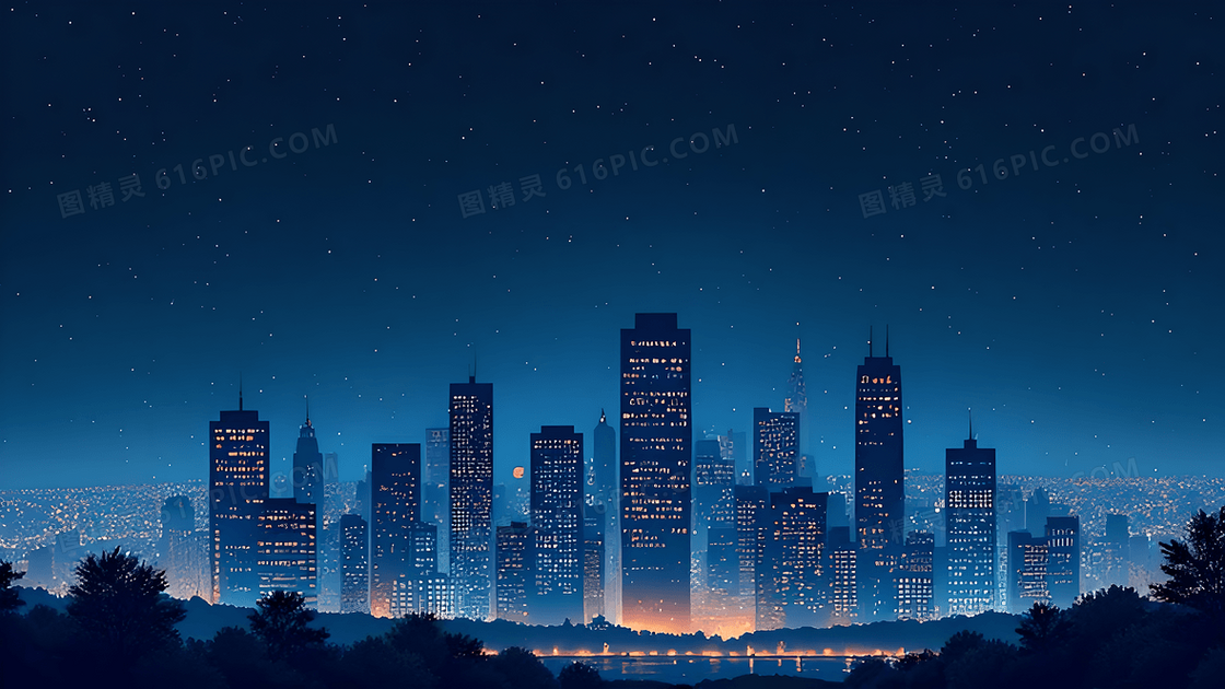 夜晚城市天际线建筑夜景背景