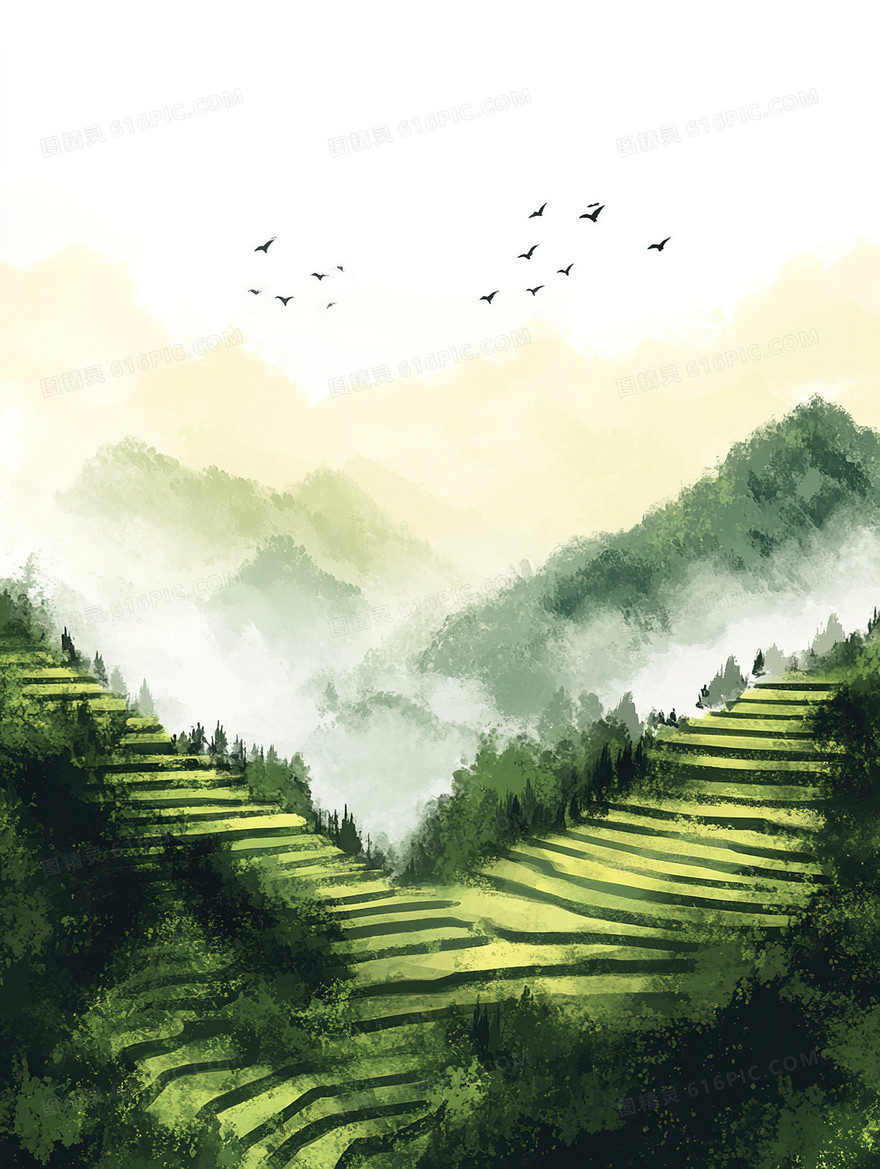 青翠梯田茶园背景