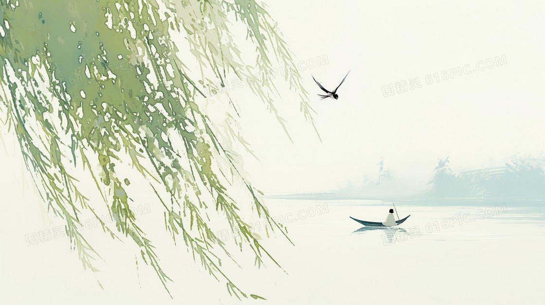春天湖面柳树飞鸟背景
