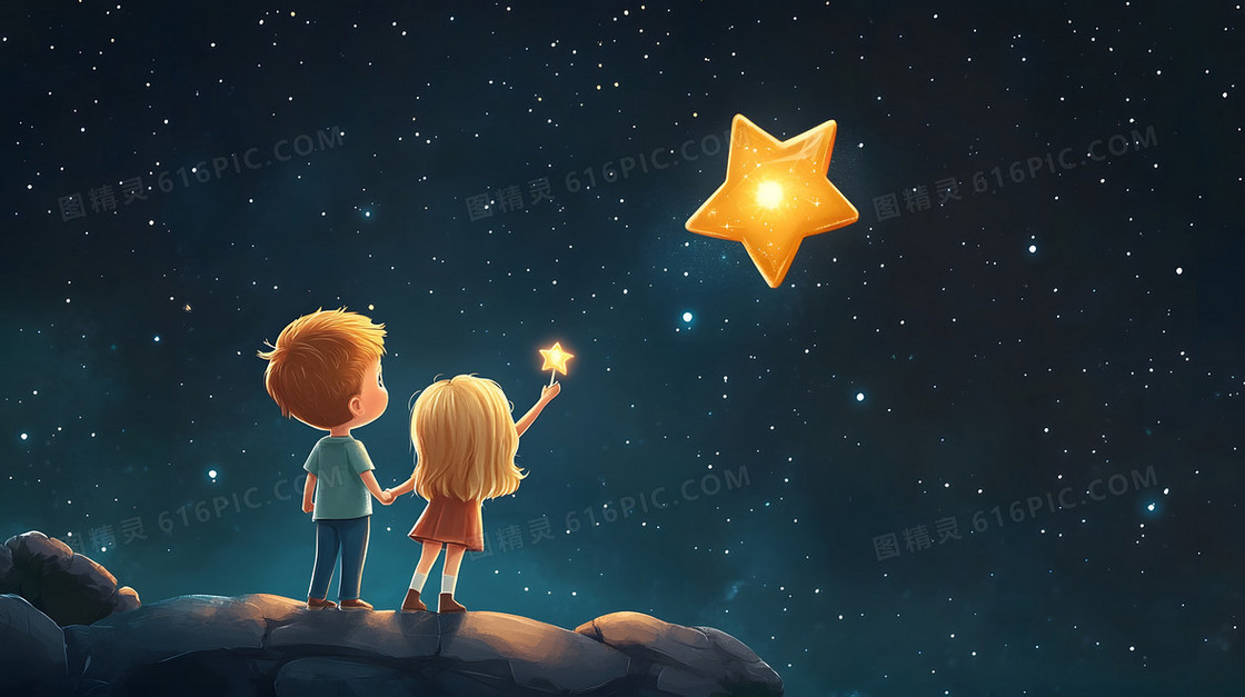 卡通小孩看星星背景