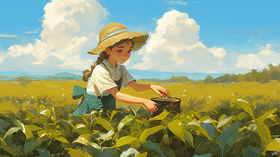 茶叶采茶手绘背景