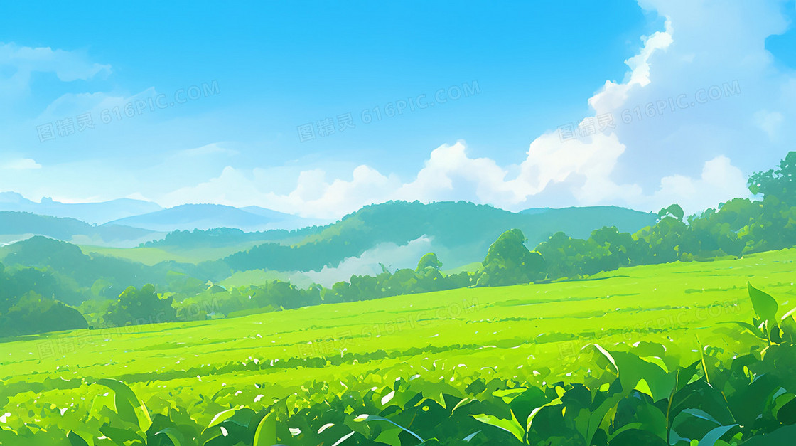 绿色春季起伏茶园背景