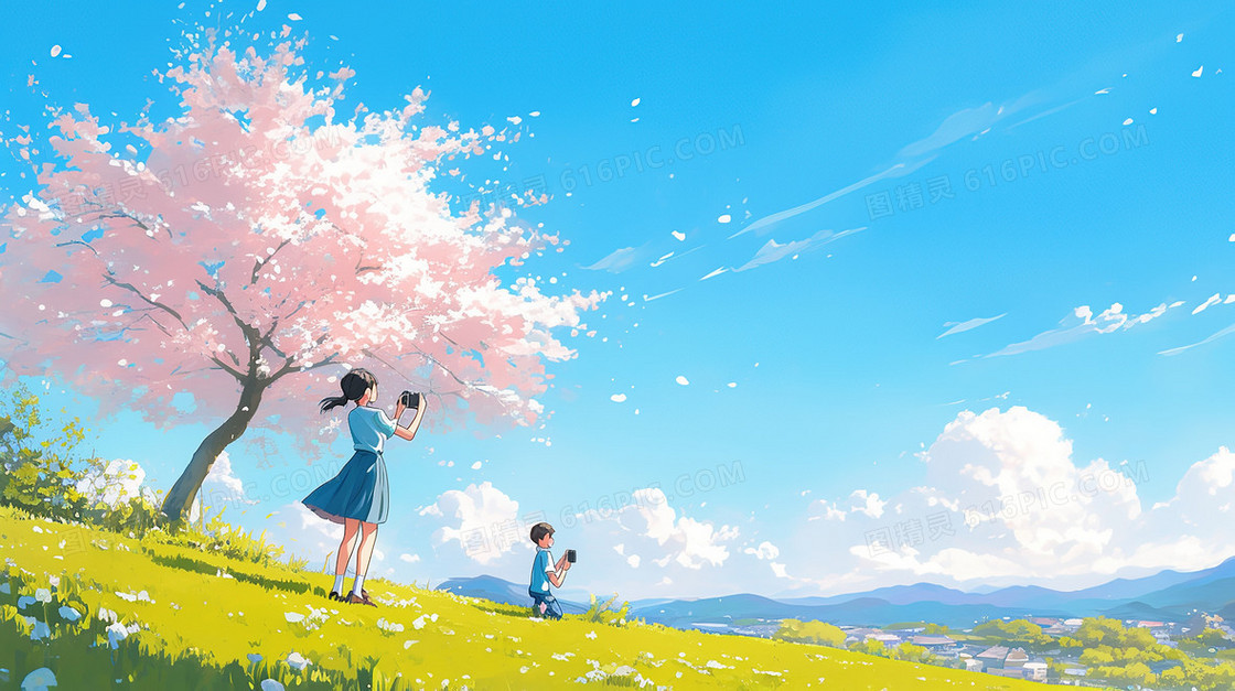 春季郊游的小孩子背景