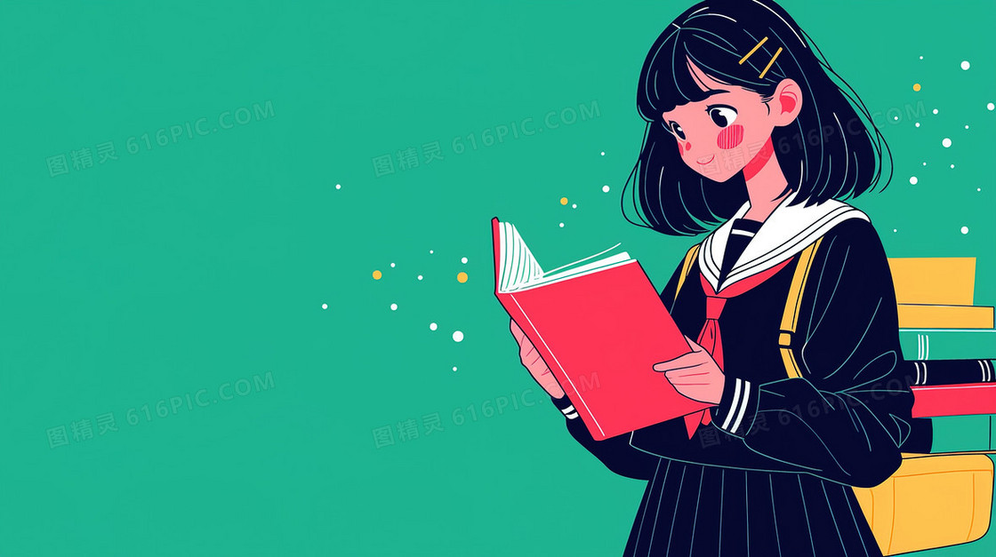 卡通抱着书本的学生背景