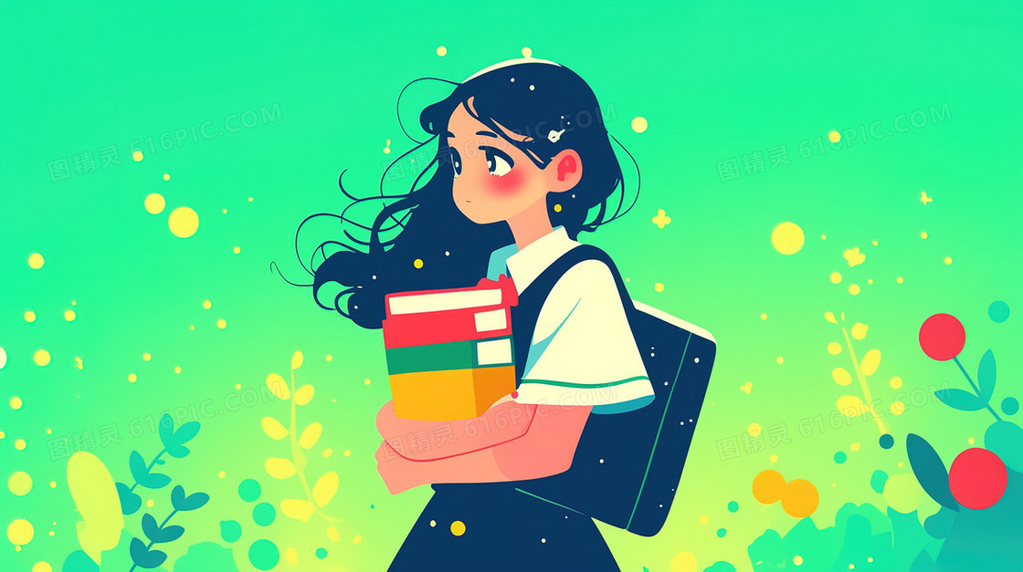卡通抱着书本的学生背景