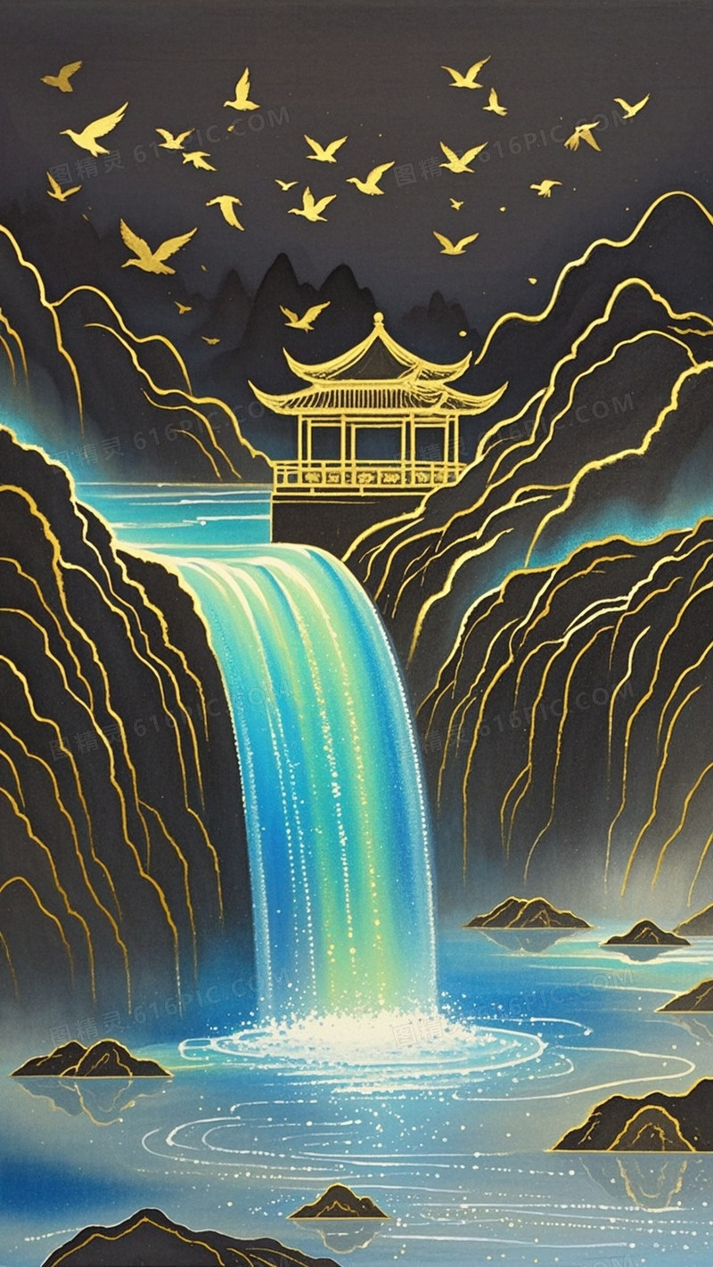 一幅中国山水图画中有凉亭