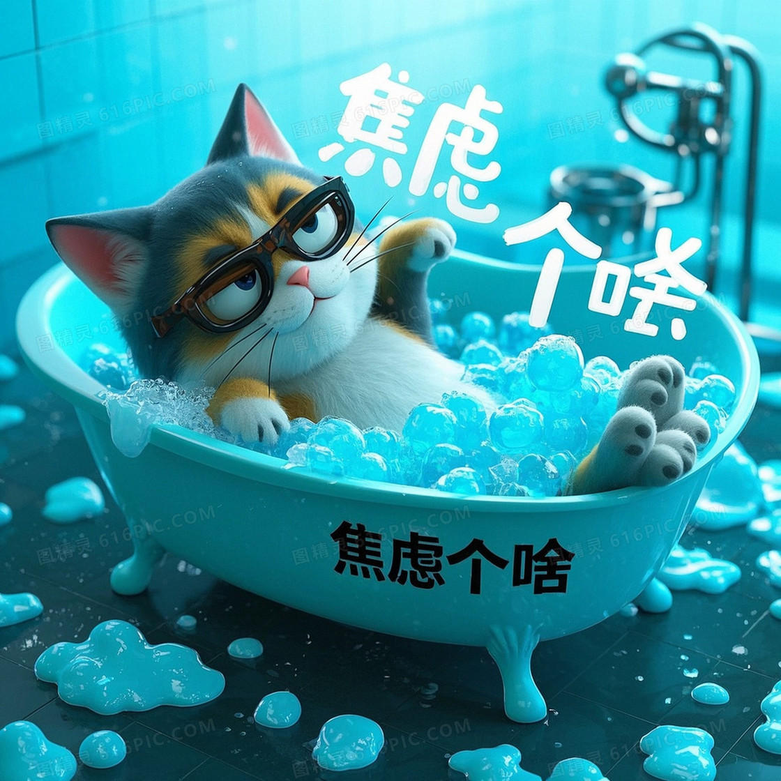 3D渲染银渐层肥猫躺在泡沫浴缸里