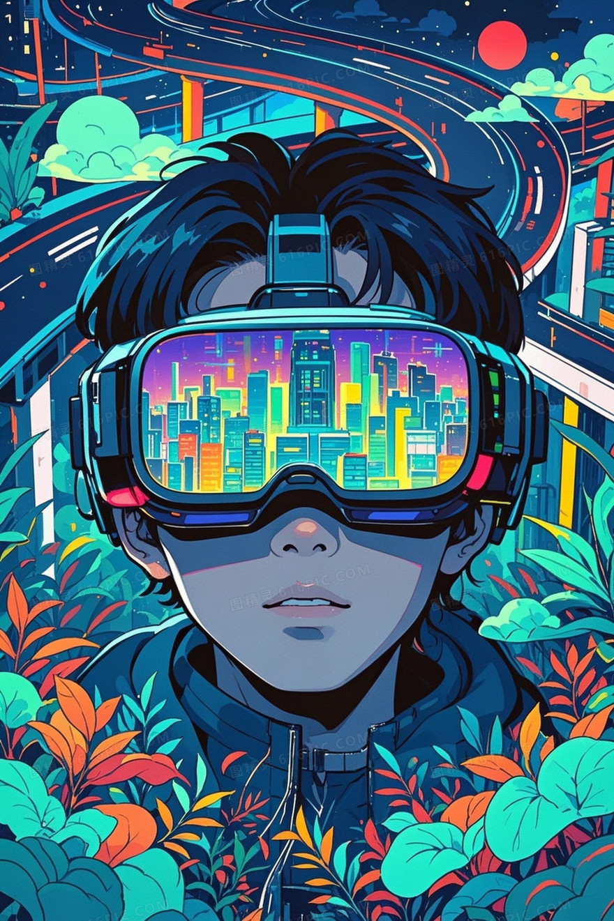精美的线条画插图赛博朋克色调