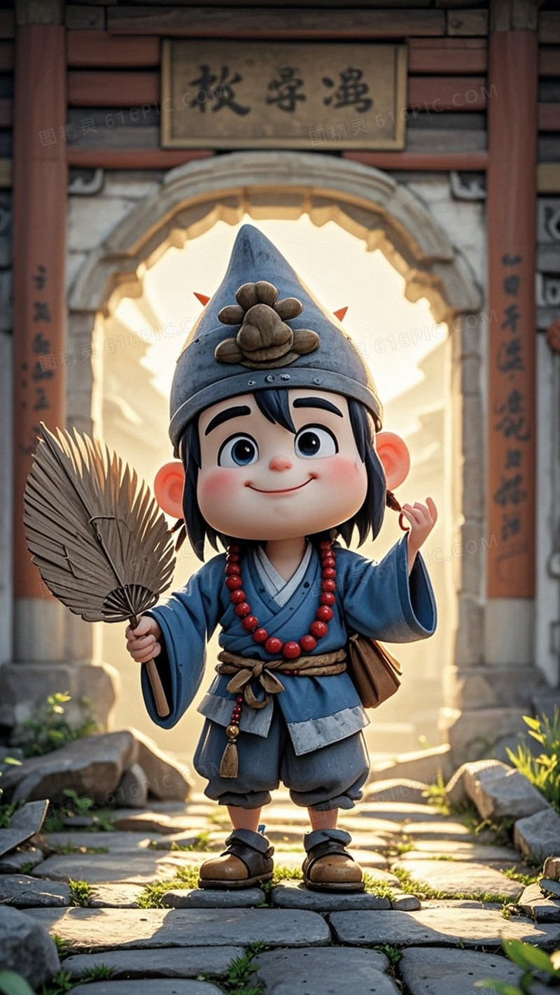 在一个破旧的寺庙门前