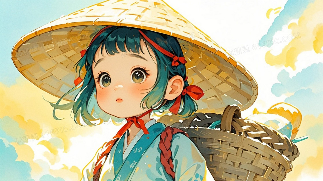 古风小女孩背着背篓带斗笠