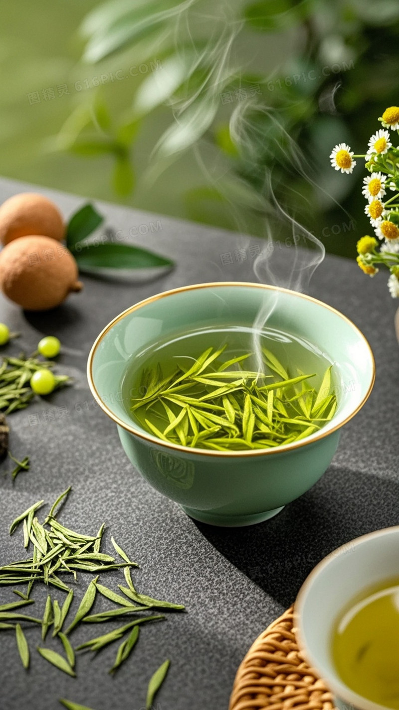 浅绿色带金边的瓷碗碗中盛有浅绿色茶汤