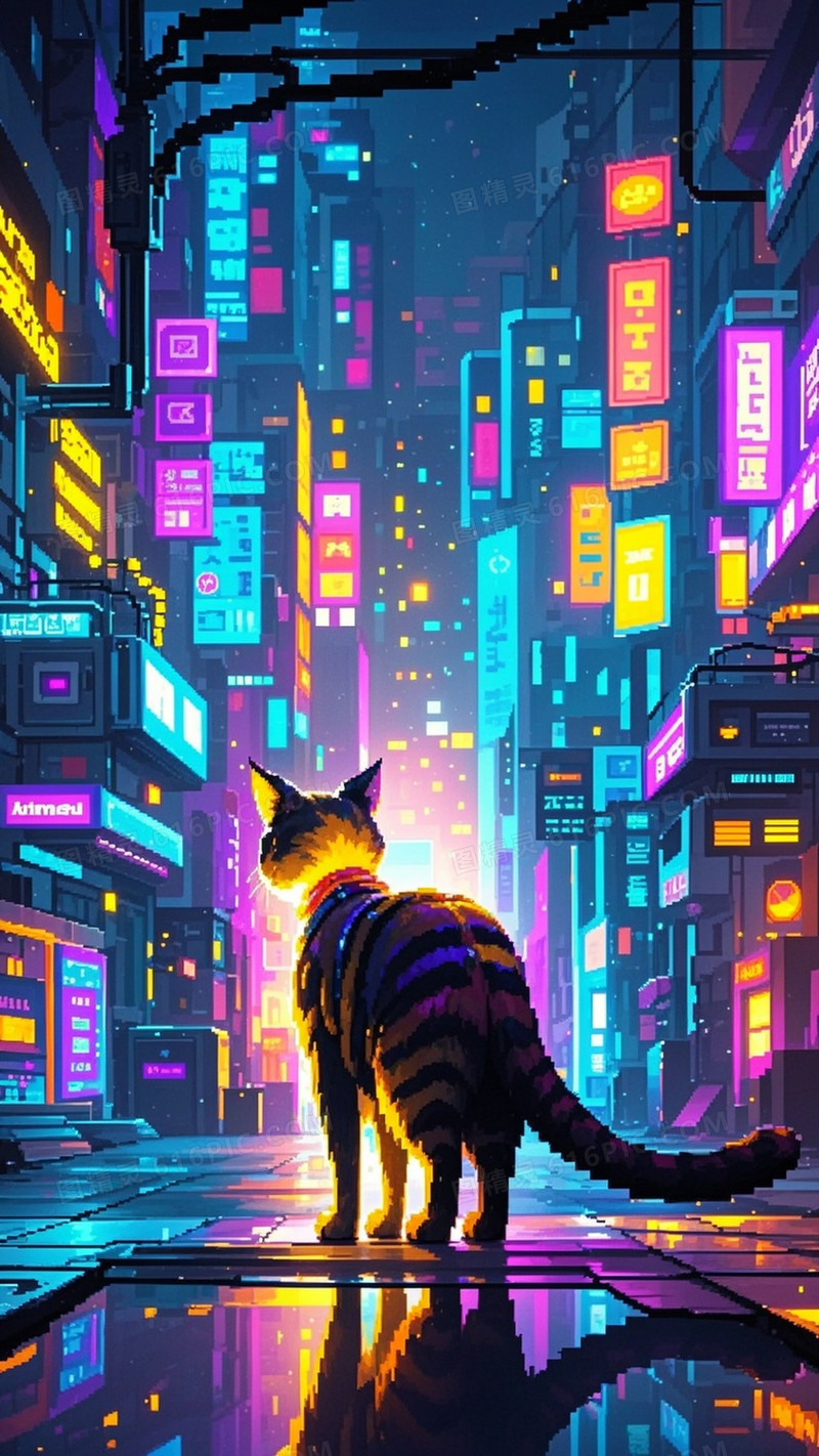 夜晚小猫的背影背景是城市的灯光