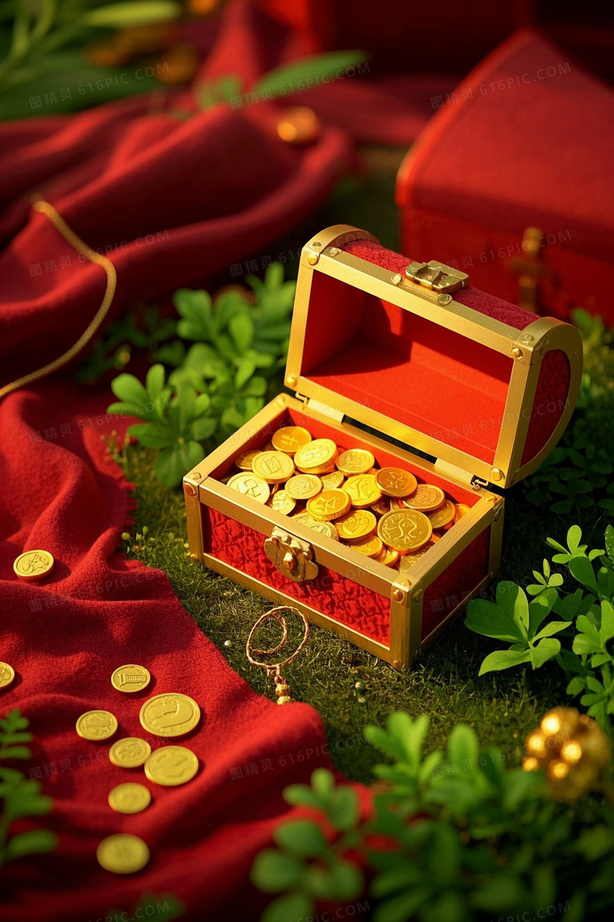 毛毡风格一个红色的宝箱装满了金币