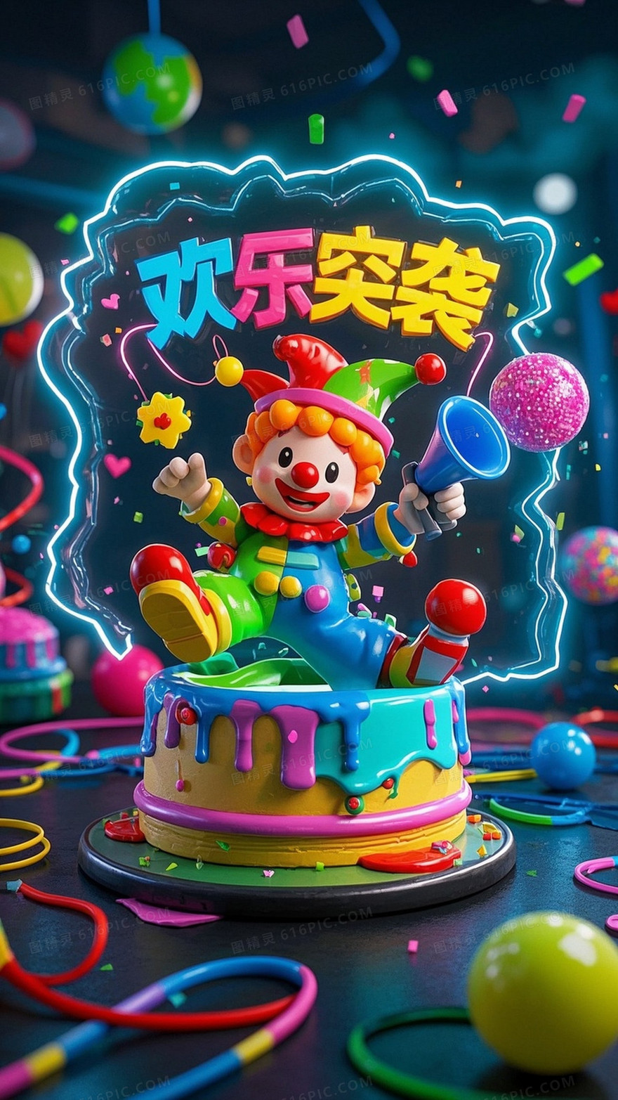 萌趣3D愚人节视觉破裂蛋糕盒蹦出Q弹小丑喇叭