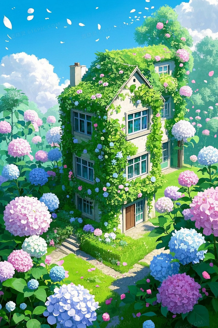 超现实主义五颜六色的绿色植物装饰的建筑外观