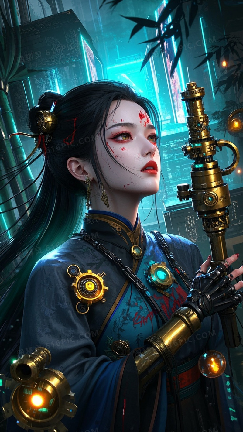 绝色美女穿着汉服剪裁与发光纤维材质的混合服装