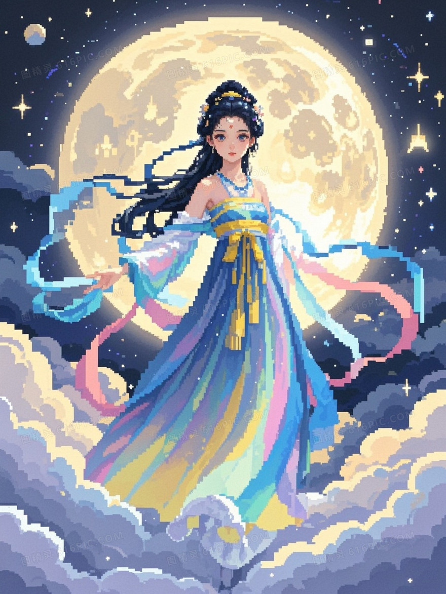 像素风格的画面中嫦娥身姿轻盈地向着月亮飞去