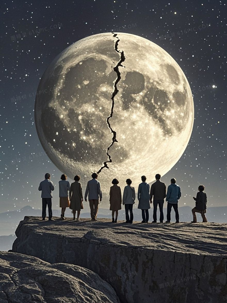 一群人站在悬崖边上望着夜空