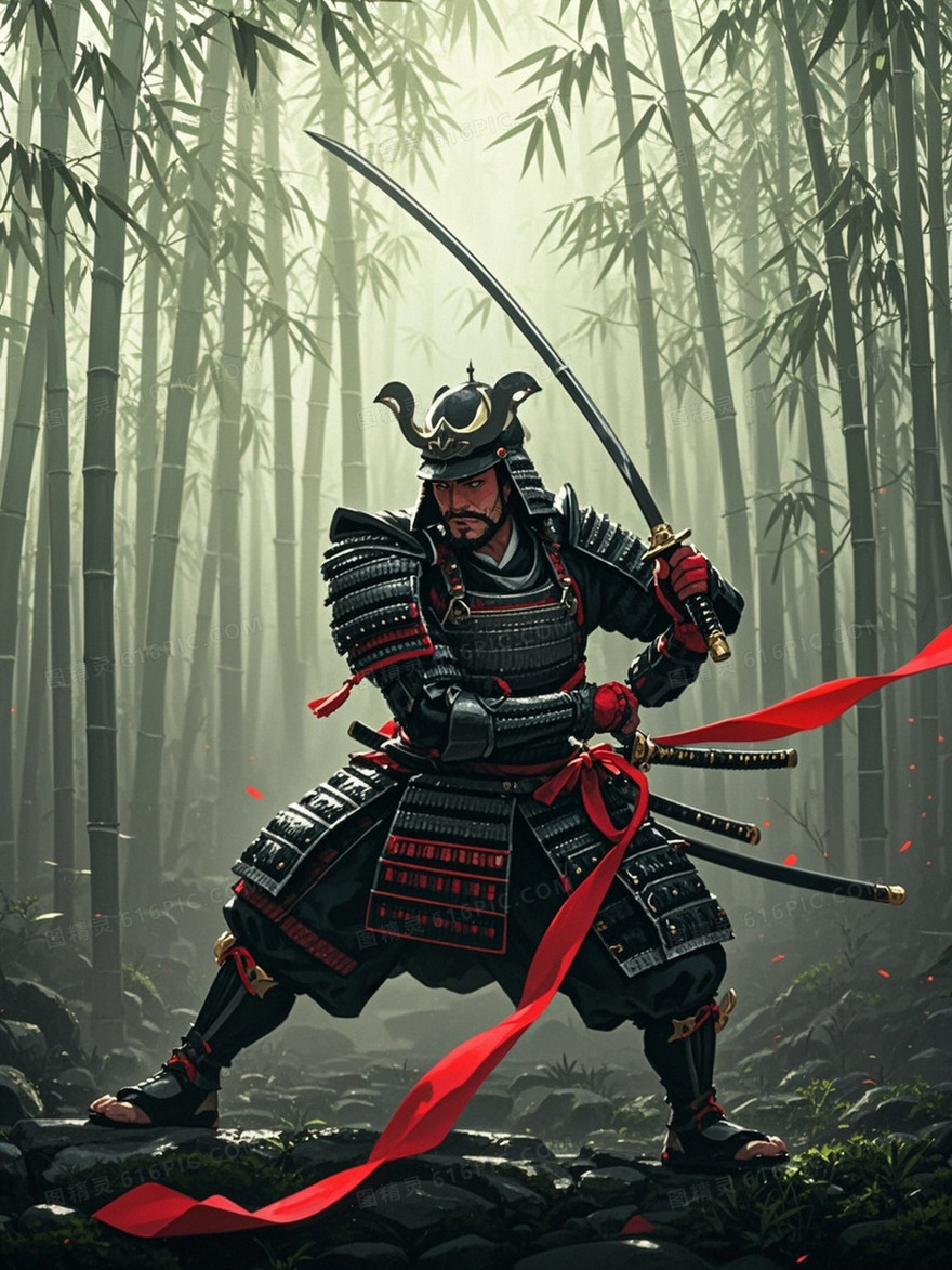日本武士穿着细节复杂的传统盔甲