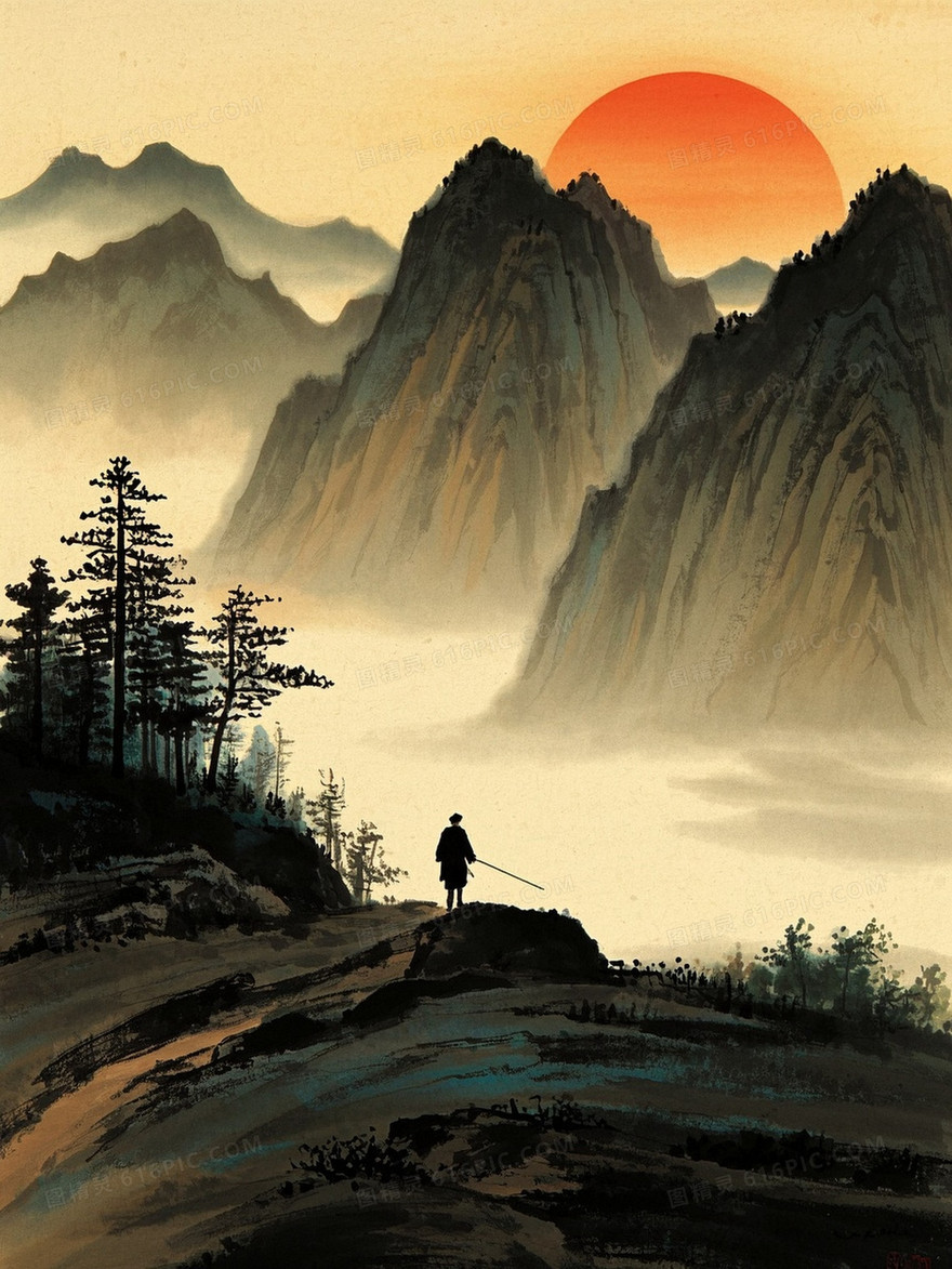 张大千的风格夕阳下孤独的人物剪影