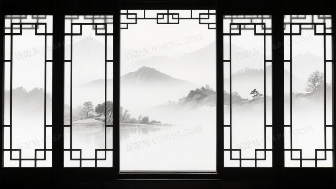 中式庭院窗棂剪影背景
