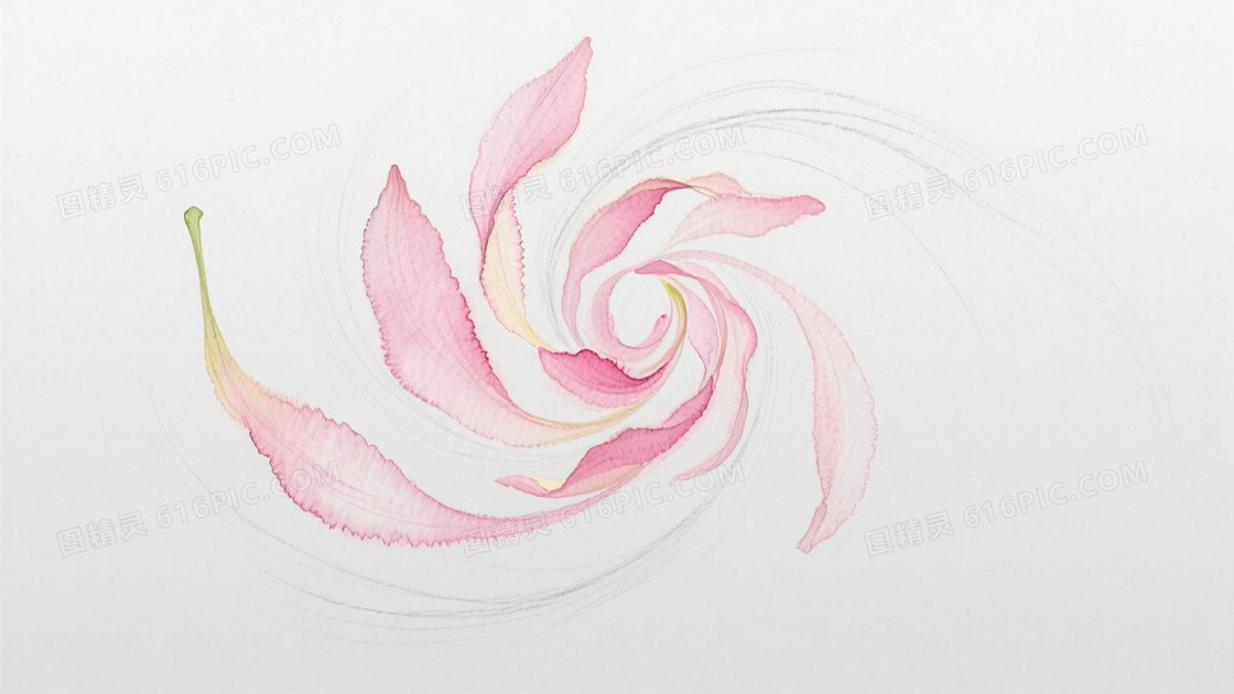 水彩风格动态插画浅灰背景中桃粉花瓣呈螺旋飘散
