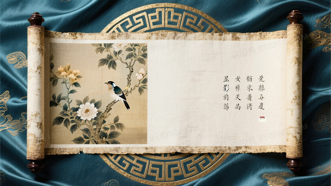 丝绸质感中式背景图黛青色底纹浮现暗金回形纹