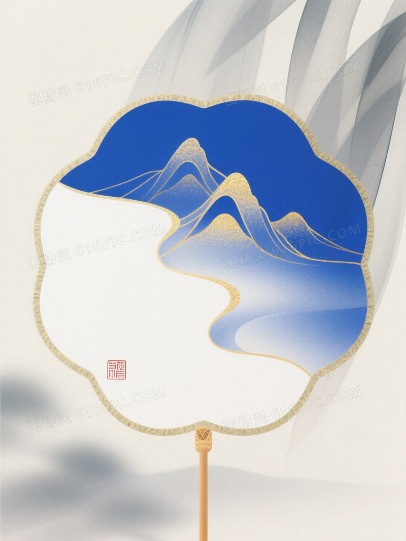 新中式几何团扇插画圆形构图分割成靛蓝与月白扇形
