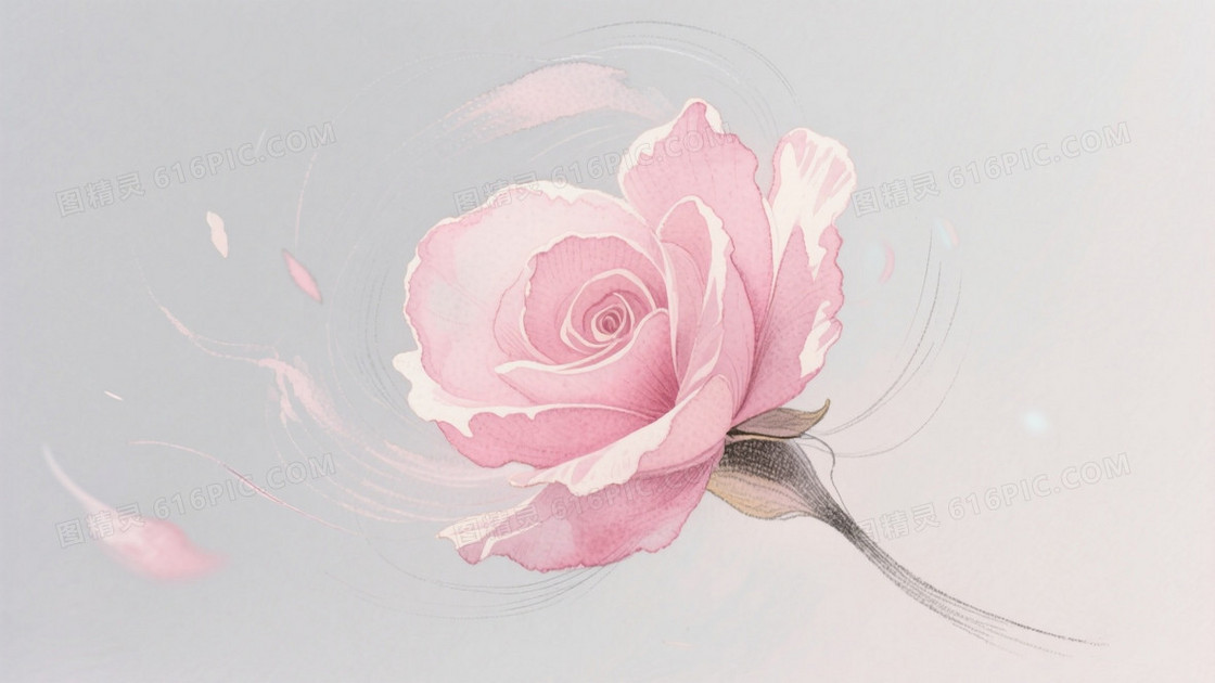 水彩风格动态插画浅灰背景中桃粉花瓣呈螺旋飘散