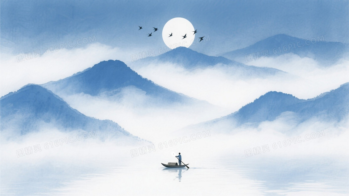 水墨淡彩画风主体是层叠的蓝白色山峦