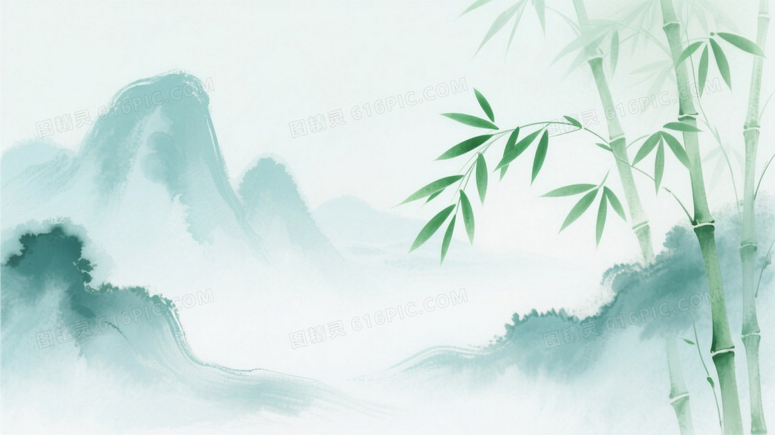 水墨淡彩国风画风主体为浅绿
