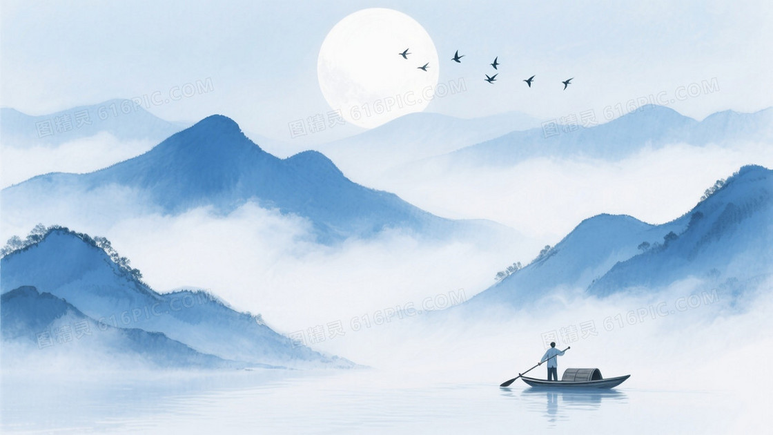 水墨淡彩画风主体是层叠的蓝白色山峦
