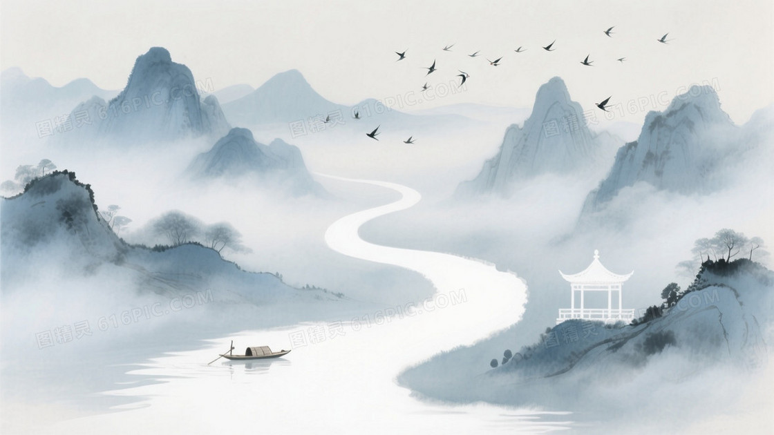 水墨淡彩国风画风主体有淡蓝灰调的山峦