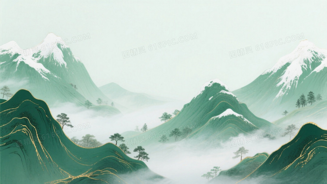 国风青绿山水画风主体是层叠的山峦