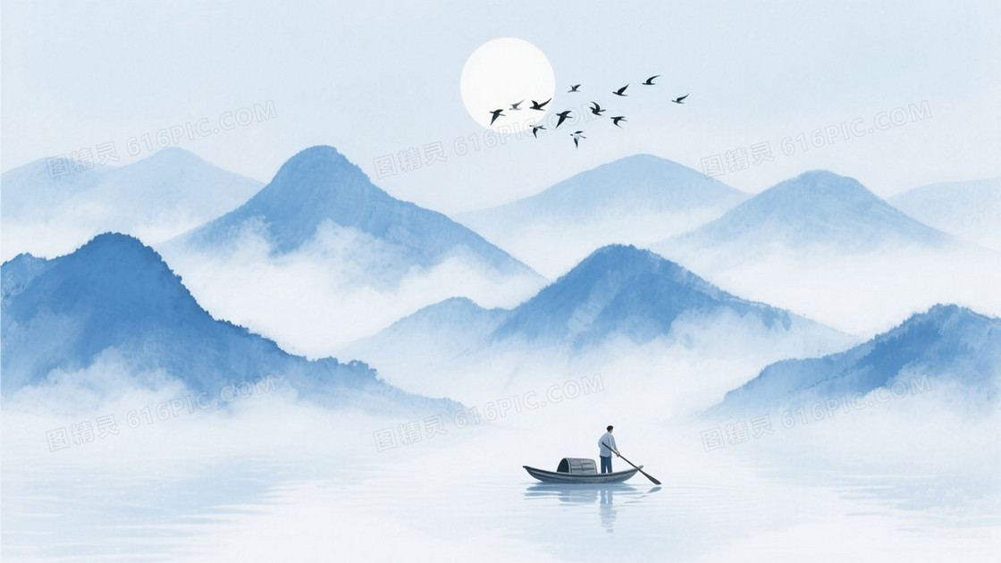 水墨淡彩画风主体是层叠的蓝白色山峦