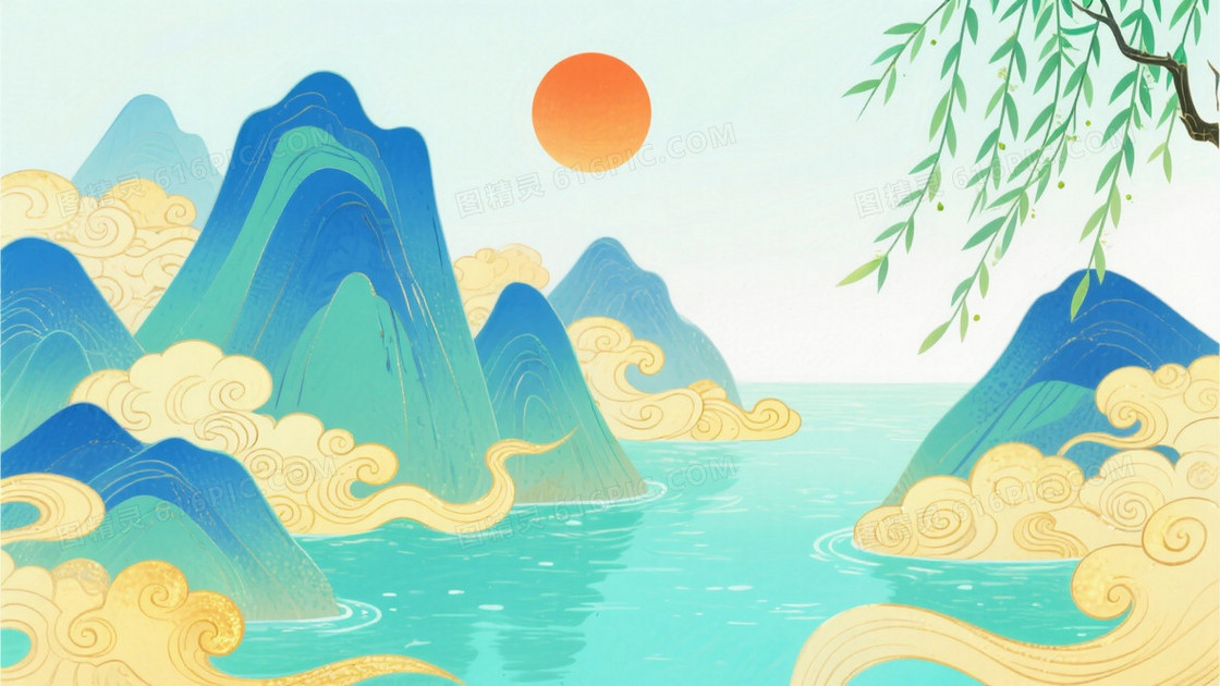 国潮山水画风主体是蓝绿色调的山峦
