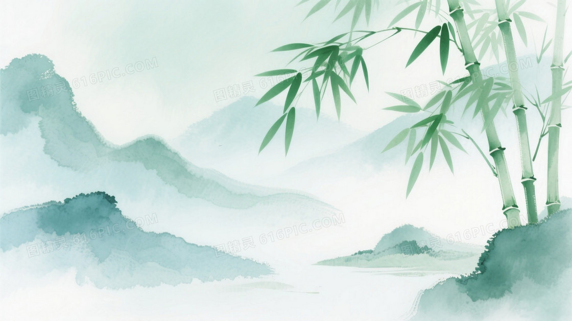 水墨淡彩国风画风主体为浅绿