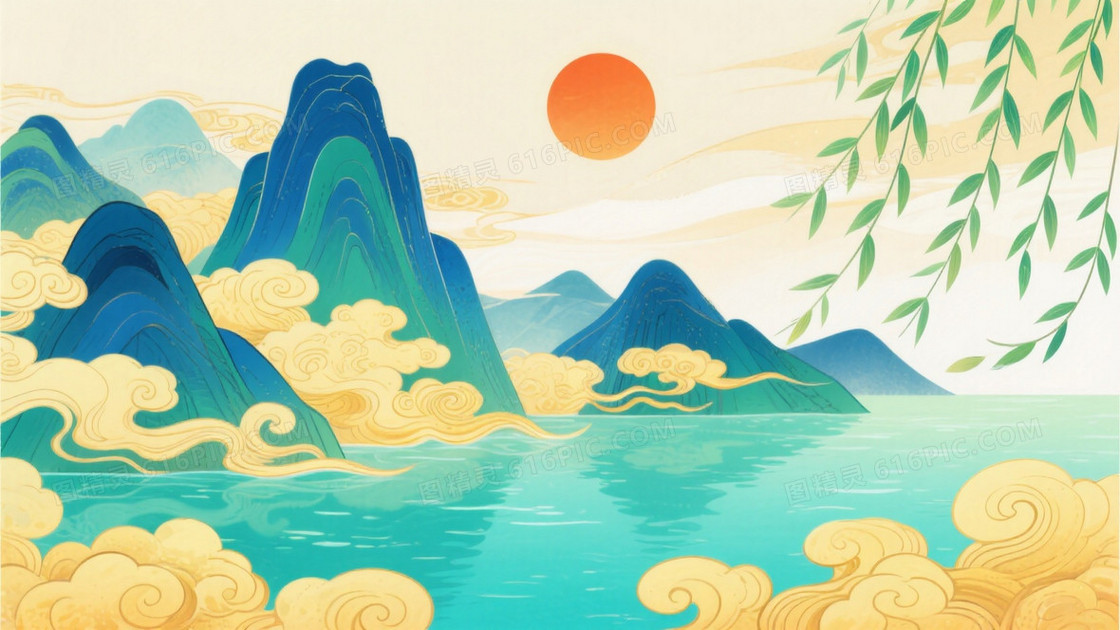 国潮山水画风主体是蓝绿色调的山峦