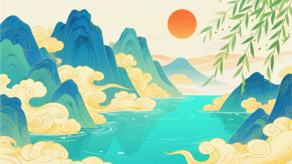 国潮山水画风主体是蓝绿色调的山峦