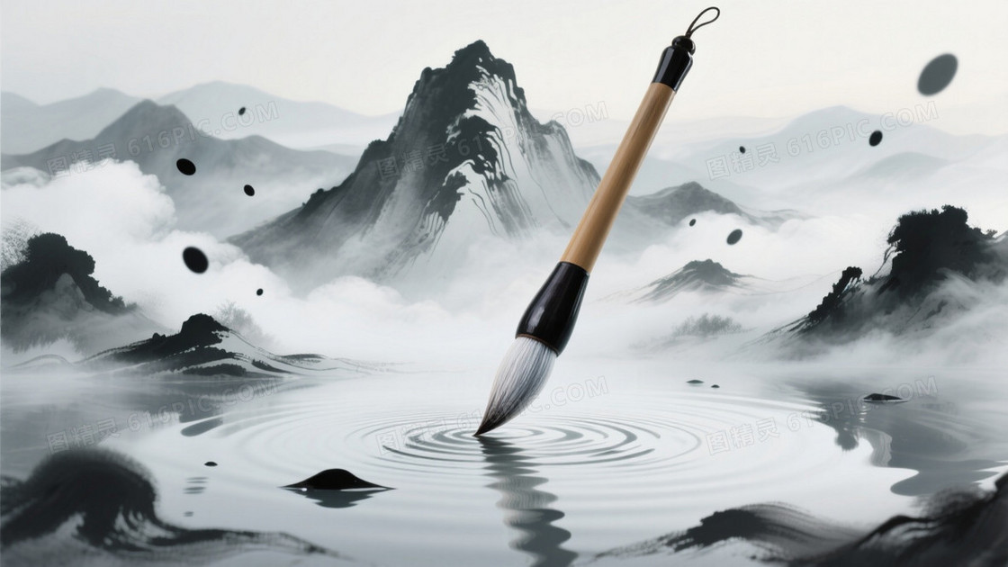 一支巨大的毛笔矗立在一片水墨画的世界中