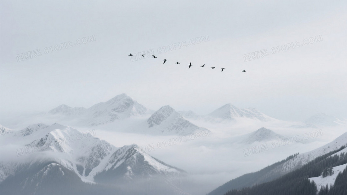 写实风光画风主体是被白雪覆盖的连绵山脉