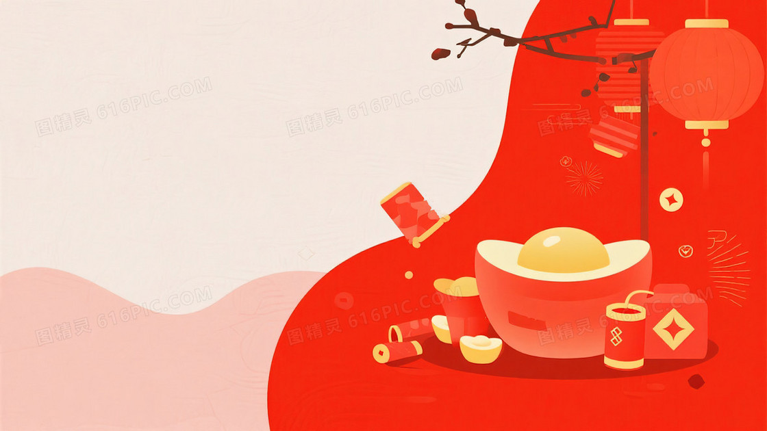 春节金元宝灯笼爆竹扁平背景图