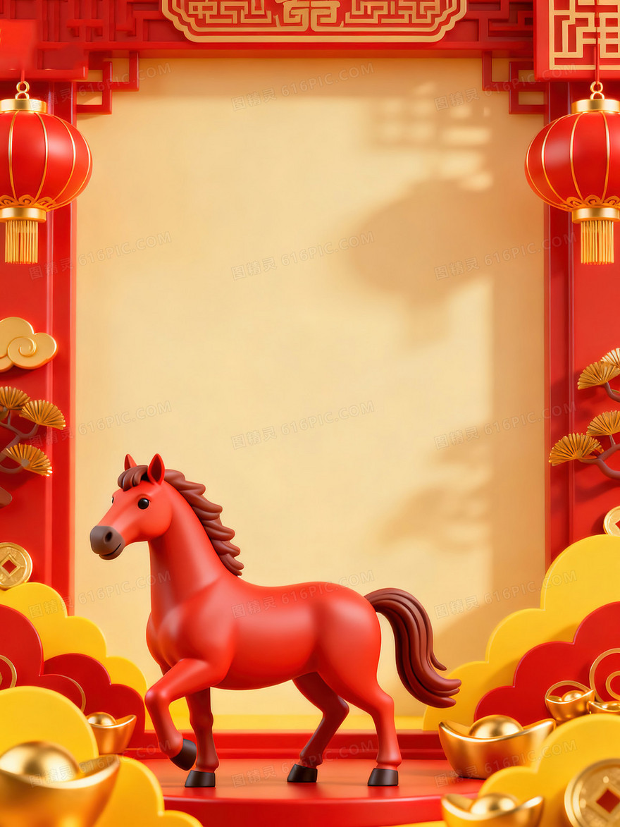 喜庆红色3D骏马2026马年春节背景