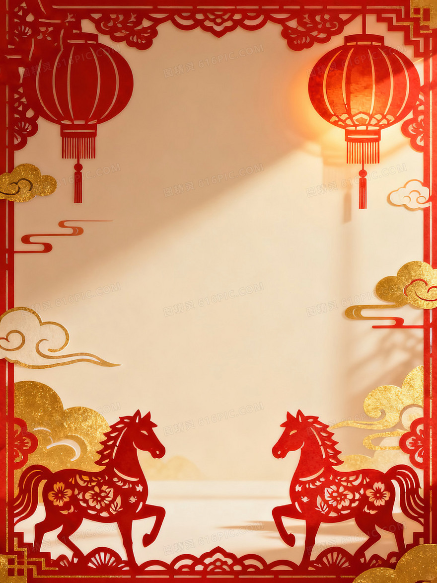 喜庆红金剪纸2026马年春节背景