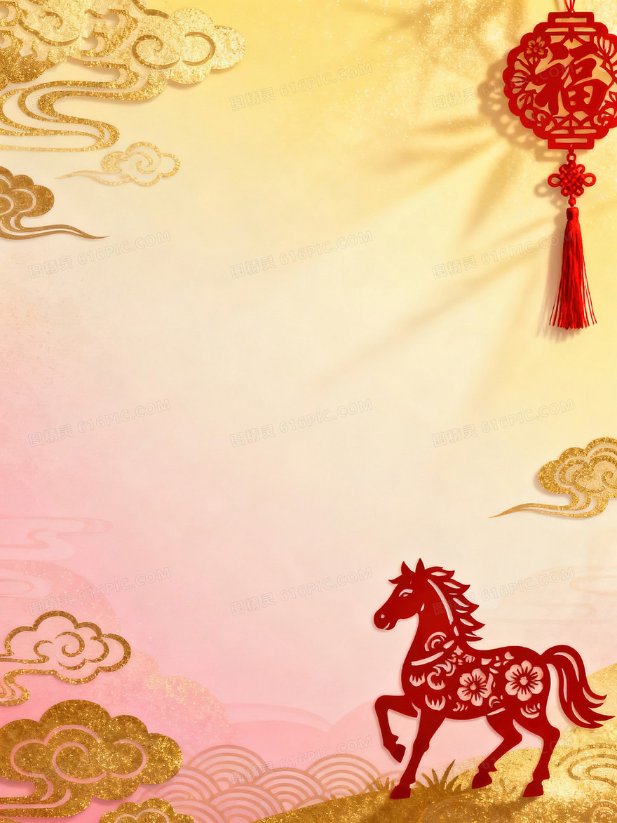 喜庆红金剪纸2026马年春节背景