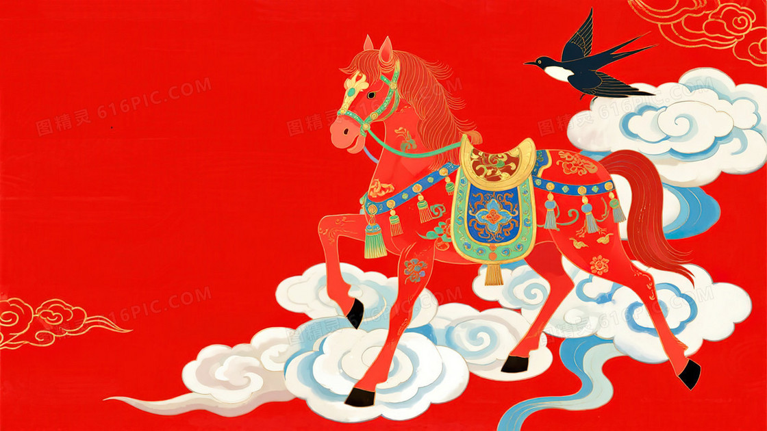 卡通国潮风骏马中国新年喜庆背景
