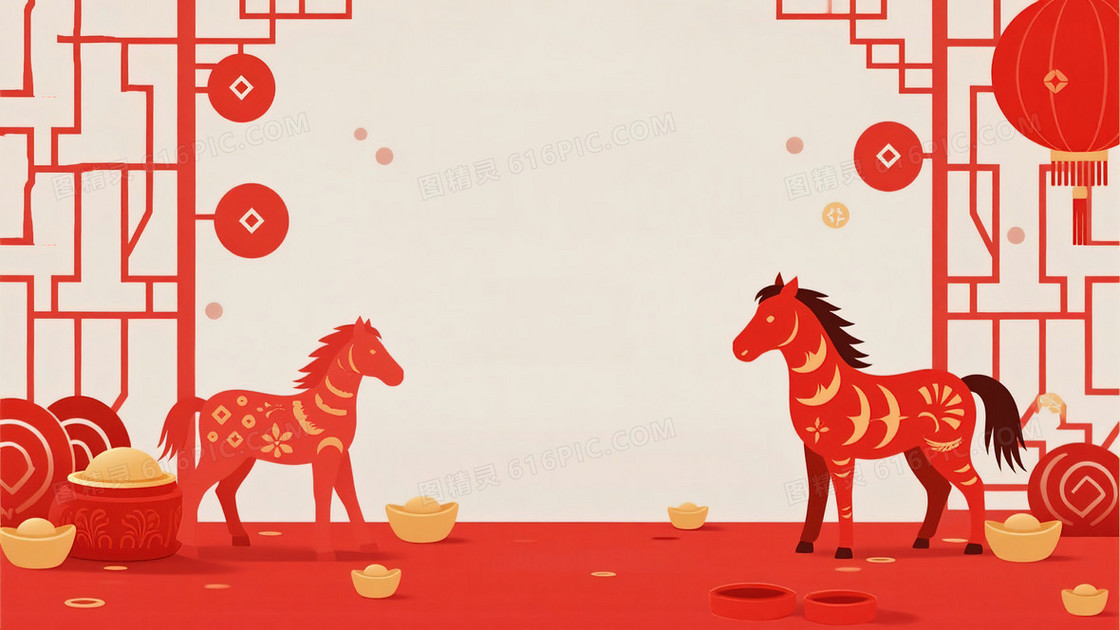 中国新年红色剪纸马喜庆背景